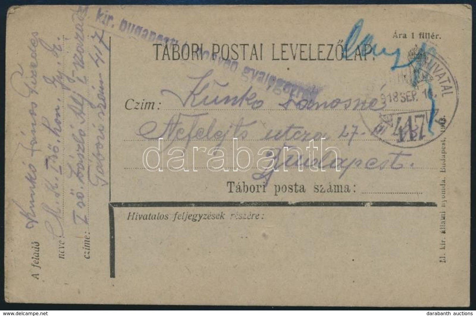 1918 Tábori Posta Levelezőlap 'M.kir. Budapesti  I. Honvéd Gyalogezred' + 'TP 417 B' - Otros & Sin Clasificación