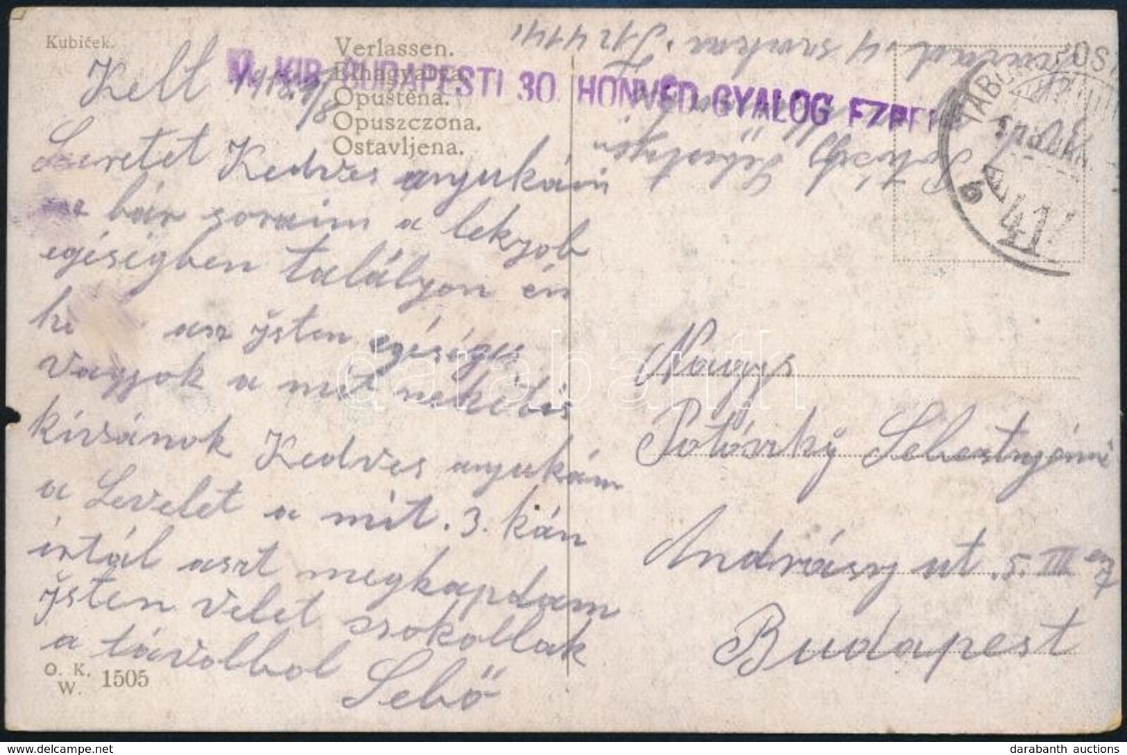 1918 Tábori Posta Képeslap / Field Postcard 'M.KIR. BUDAPESTI 30. HONVÉD GYALOG EZRED' + 'TP 414 B' - Otros & Sin Clasificación