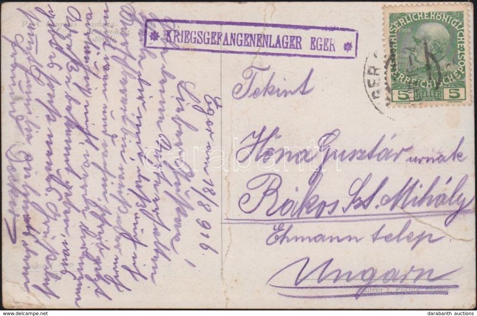 1916 Képeslap / Postcard 'KRIEGSGEFANGENENLAGER EGER' - Rákosszentmihály (szakadt, Hajtott / Folded, Tear) - Other & Unclassified