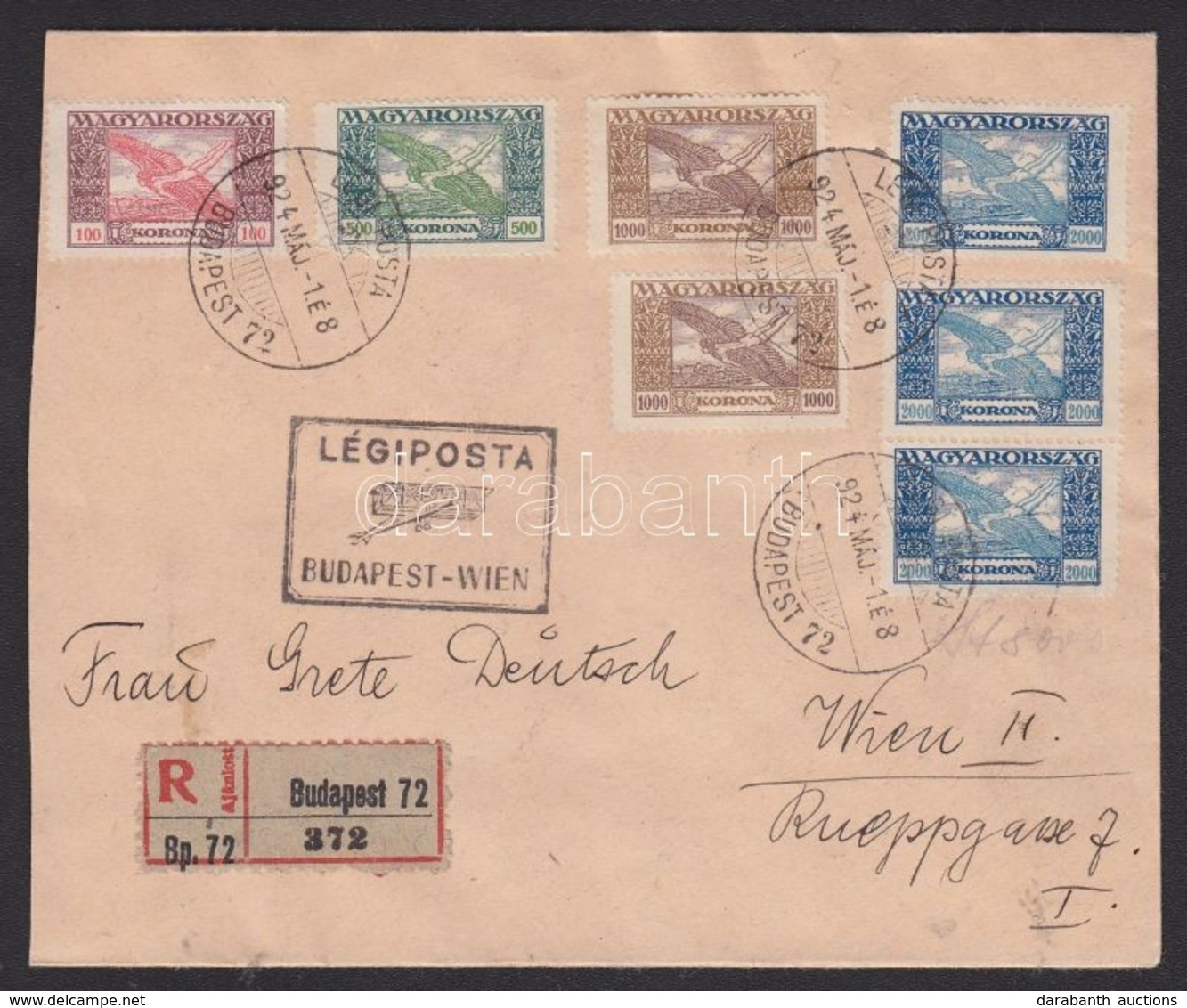 1924 (13. Díjszabás) Légi Ajánlott Levél Bécsbe Ikarusz Bélyegekkel Bérmentesítve / Registered Airmail Cover To Vienna - Autres & Non Classés