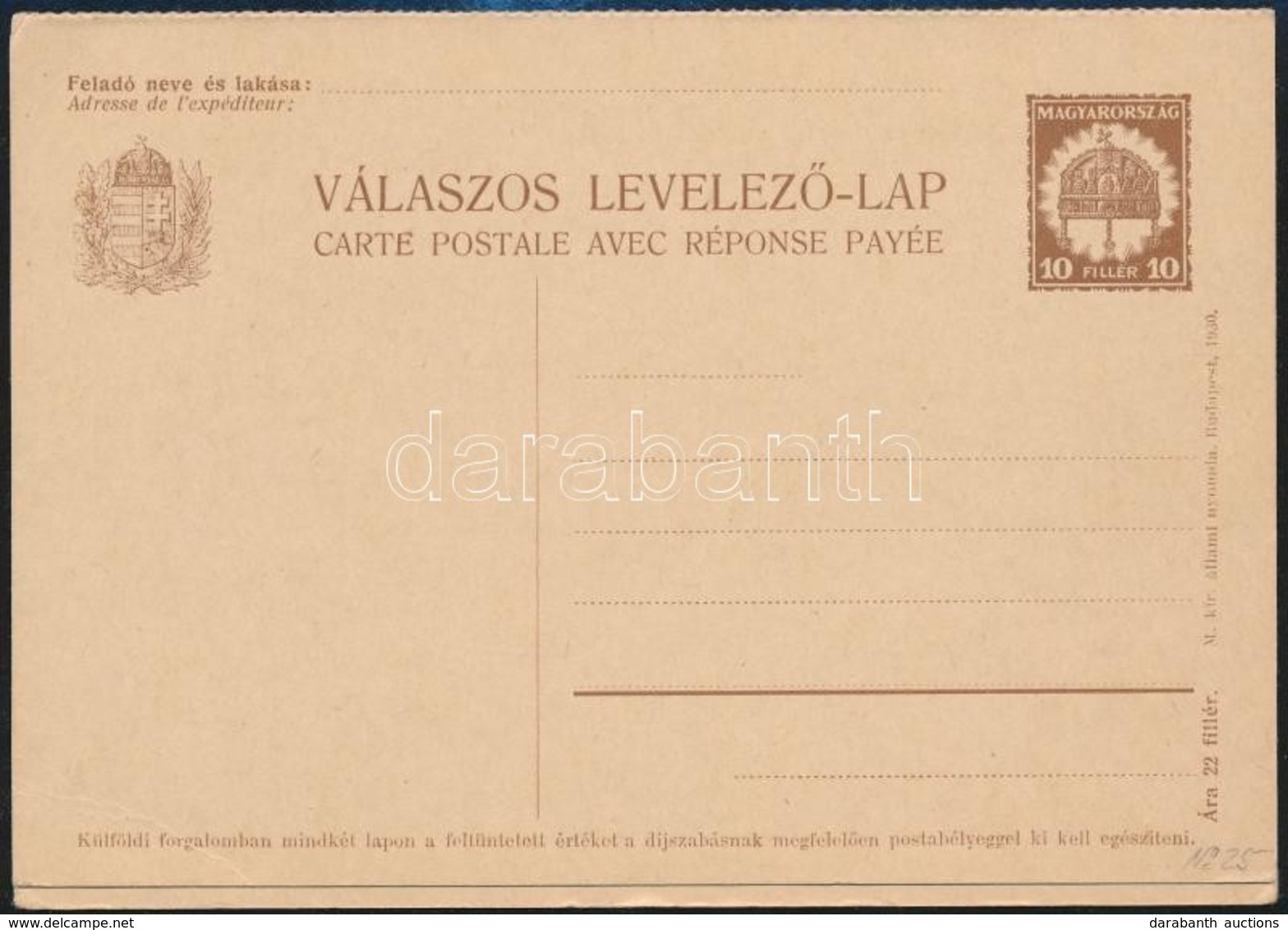 1930 10+10f Használatlan Válaszos Levelezőlap Si 25 - Other & Unclassified