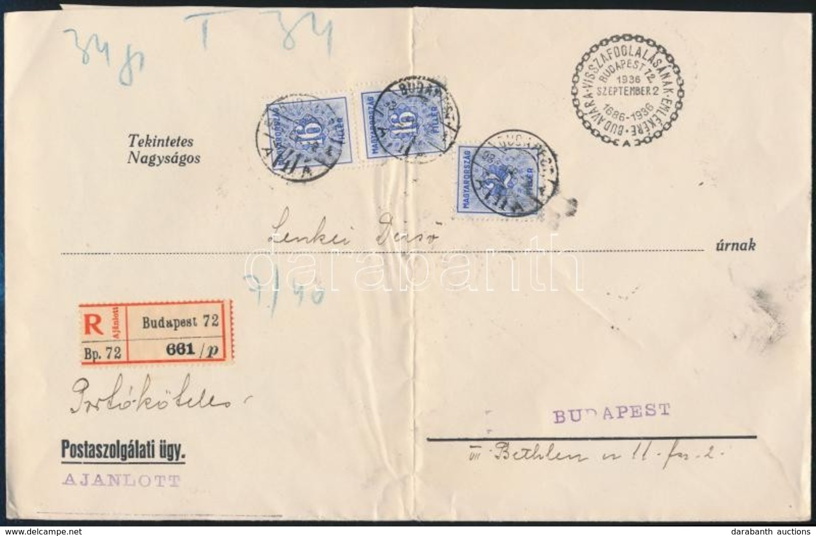 1936 Ajánlott Helyi Levél 34f Portóval - Other & Unclassified