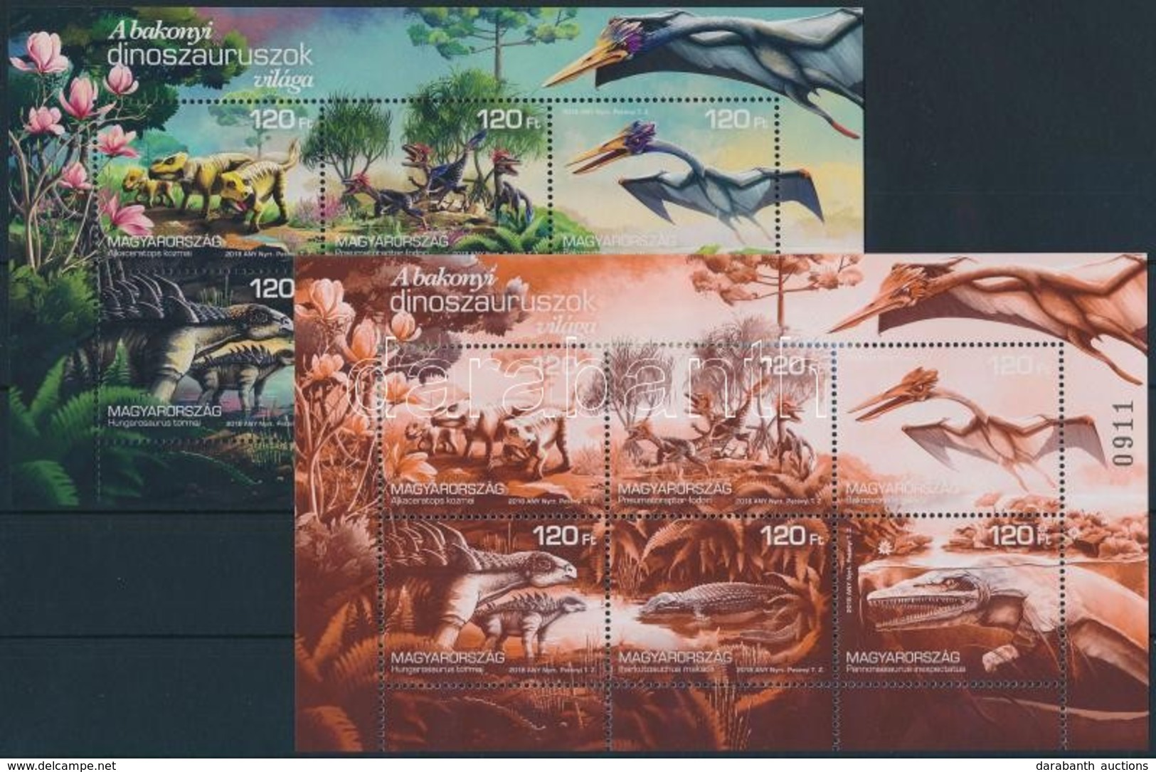** 2018 Bakonyi Dinoszauruszok Kisív Normál Változat + Különleges Egyszínű Nyomat (utóbbi Számozott, Kis Példányszámú) / - Autres & Non Classés