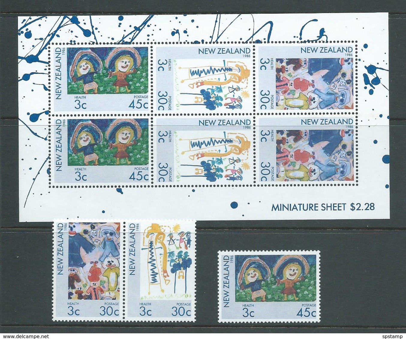 New Zealand 1986 Health Charity Childrens Drawings Pair , Single & Miniature Sheet MNH - Unused Stamps