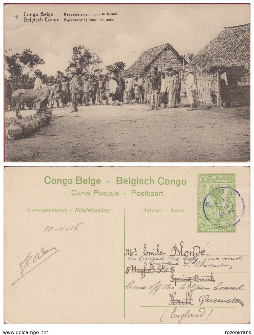 Belgische Congo Belge Postwaardestuk Entier Postal 1916 Boma 5 Ct Centimes Rassemblement Pour Le Travail - Entiers Postaux