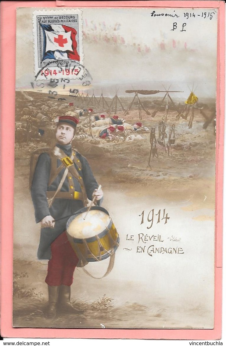 Carte Fantaisie 1914 Le Reveil En Campagne Avec Timbre Société Francaise De Secours Aux Blessés Militaires - Guerra 1914-18