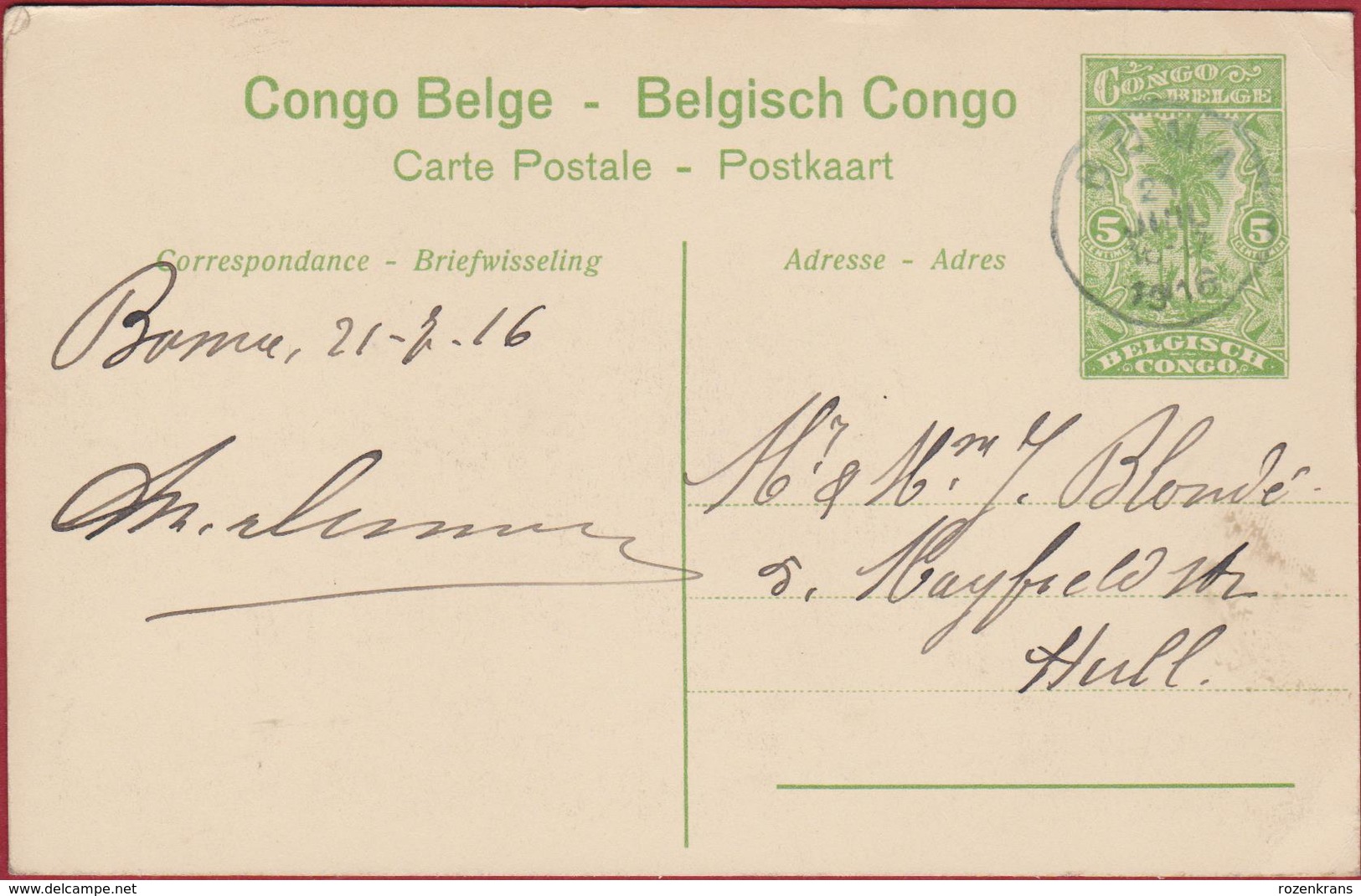 Belgische Congo Belge Postwaardestuk Entier Postal BOMA 5 Ct Centimes Matadi Rue Principale Voornaamste Straat 1916 - Entiers Postaux