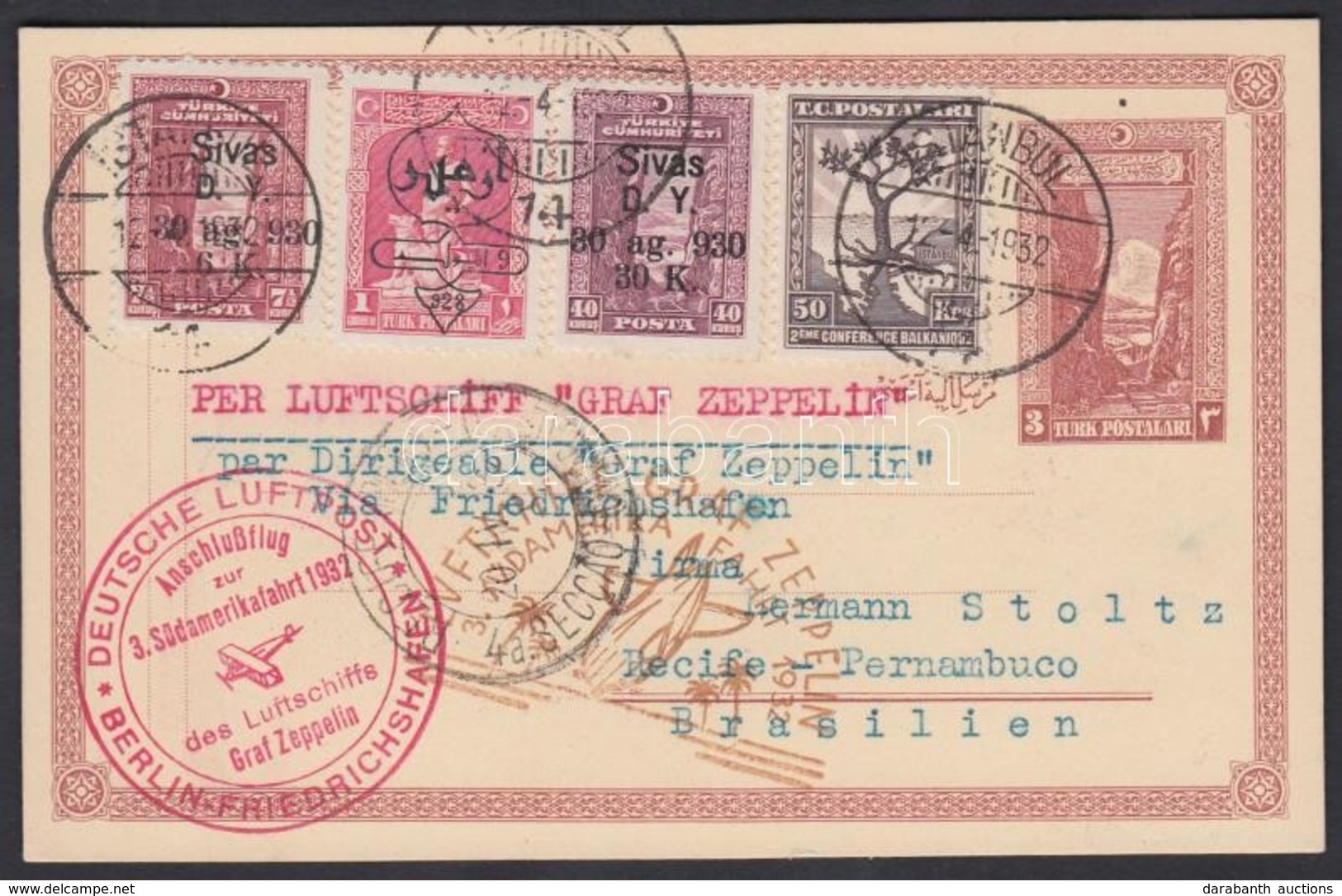 Törökország 1932 Zeppelin 3. Dél-amerikai útja Levelezőlap / Zeppelin 3rd South America Flight Postcard To Pernambuco - Autres & Non Classés