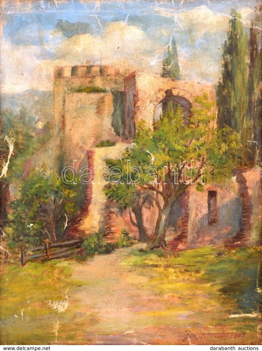 Steinach Jelzéssel:  Mediterrán Táj Boltíves Kapuval. Olaj, Sérült Vászon-karton, Keretben, 36×27 Cm - Autres & Non Classés