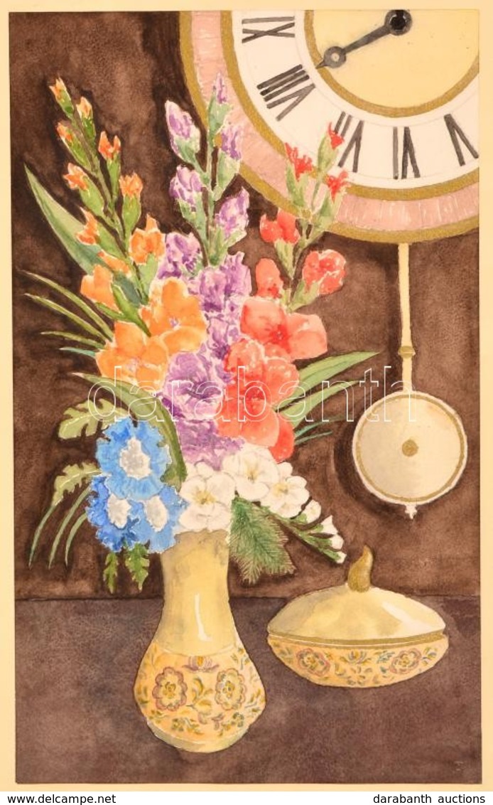 Szabó György (1927-2017): Virágcsendélet órával. Akvarell, Papír, Jelzés Nélkül, üvegezett Keretben, 39×23 Cm - Autres & Non Classés