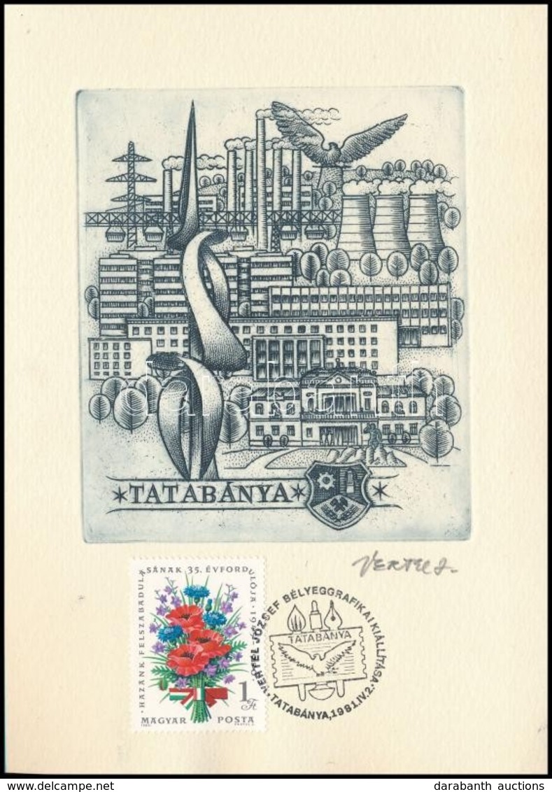 Vertel József (1922-1993): Tatabánya. Rézkarc, Papír, Jelzett, 10x11 Cm. Alkalmi Bélyegzéssel - Autres & Non Classés