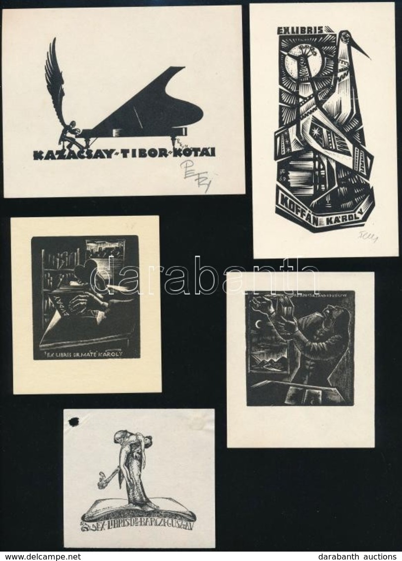 5 Db Ex Libris: Buday György (2×), Sassy Attila (Aiglon), Fery Antal, Petry Béla, Fametszet/klisé, Papír, Egy Része Jelz - Other & Unclassified