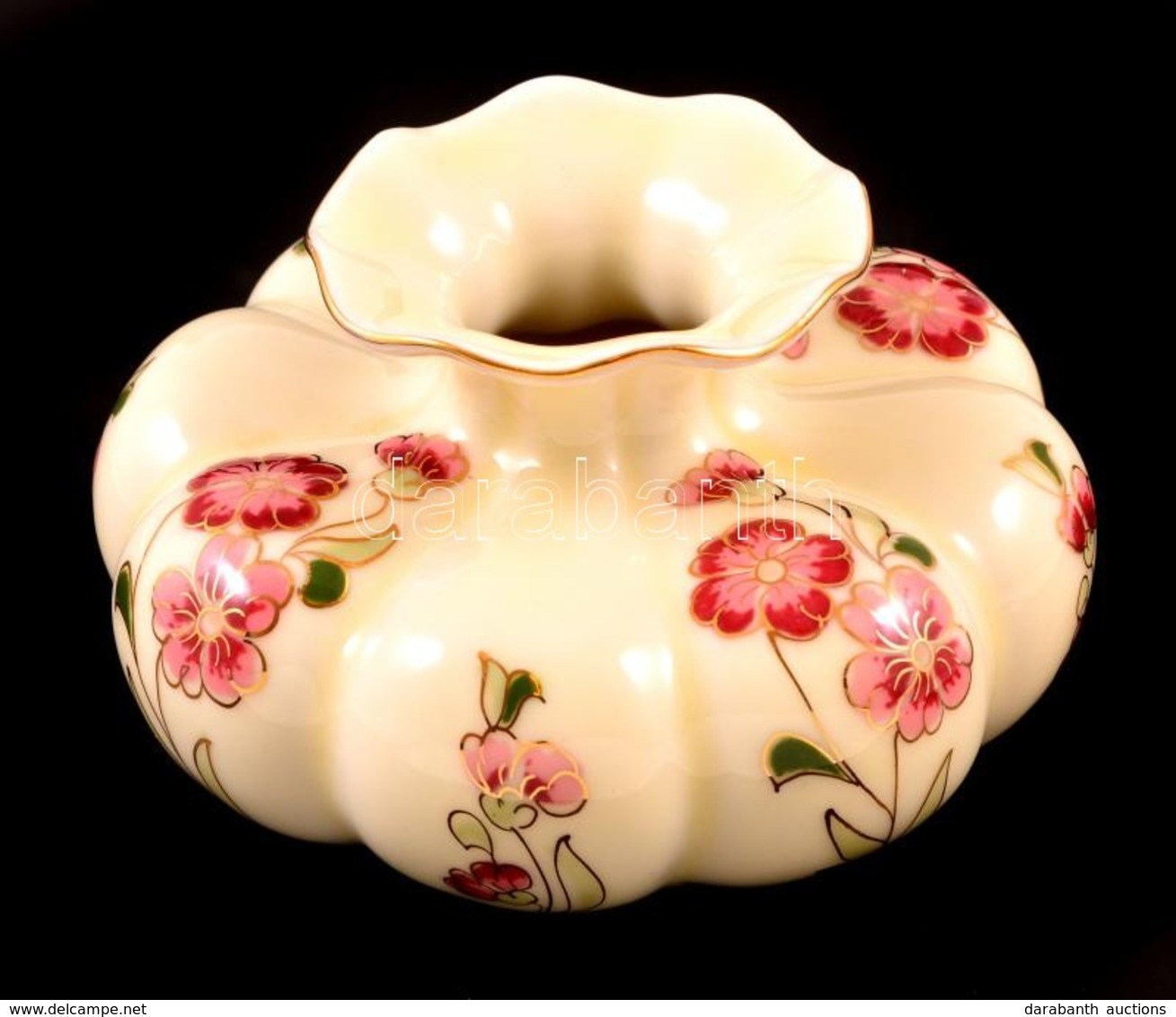 Zsolnay Virágmintás Porcelán Kis Váza, Kézzel Festett, Jelzett, Hibátlan, M: 6,5 Cm, D: 10 Cm - Other & Unclassified