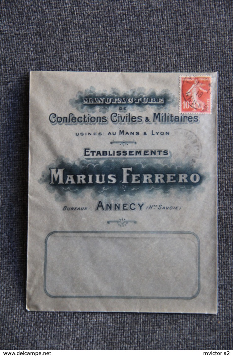 Timbre Sur Lettre Publicitaire - ANNECY, Marius FERRERO, Manufacture De Confections Civiles Et Militaires. - Kleidung & Textil