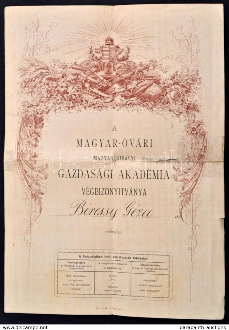 1885 Mosonmagyaróvár, A Magyar-óvári Magyar Királyi Gazdasági Akadémia Végbizonyítványa, Hátoldalon Ragasztott - Unclassified