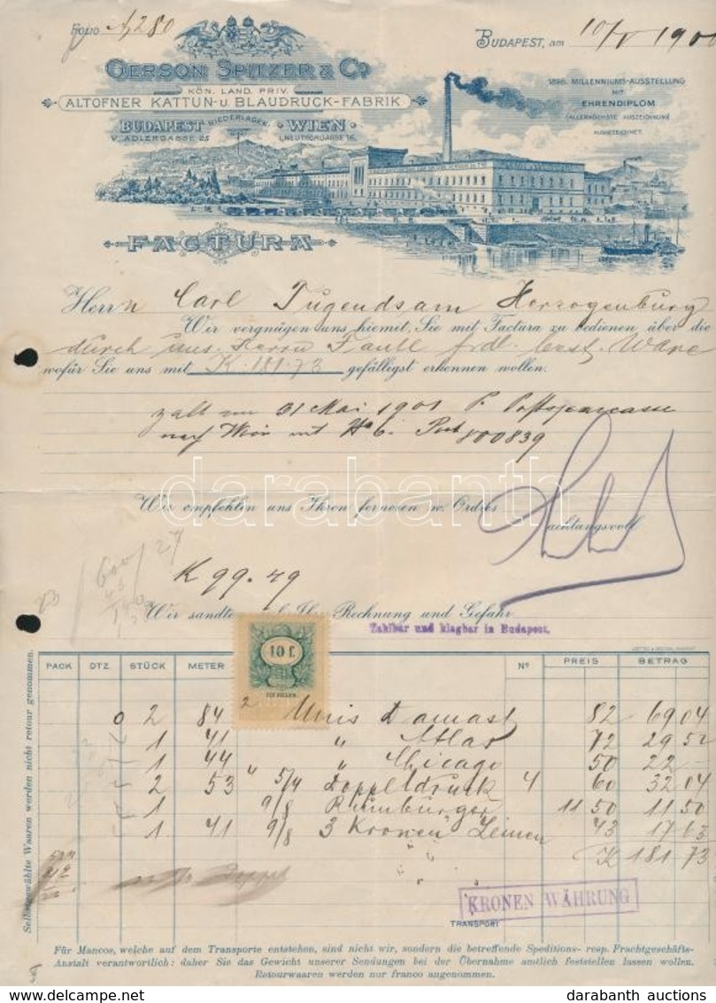 1900 Bp., Gerson Spitzer & Co. Díszes Fejléces Számlája, Rajta A Gyár Látképével, Okmánybélyeggel / Invoice - Unclassified