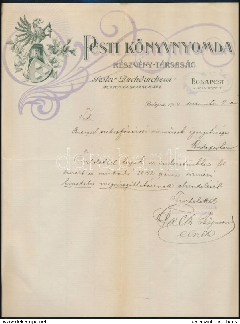 1904 Bp., Pesti Könyvnyomda Részvénytársaság Díszes Fejléces Levélpapírjára írt Levél - Unclassified