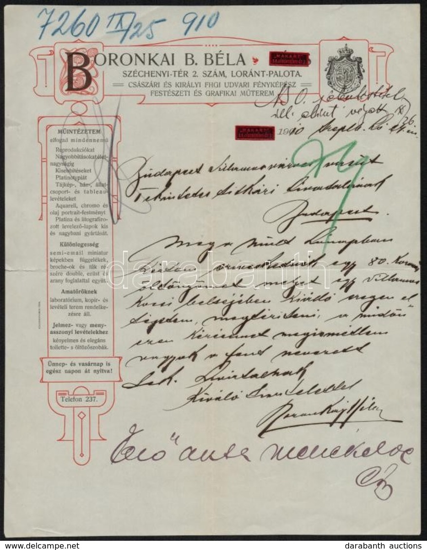1910 Boronkai B. Béla Császári és Királyi Fhgi Udvari Fényképész Szecessziós Levélpapírjára írt Levél - Unclassified
