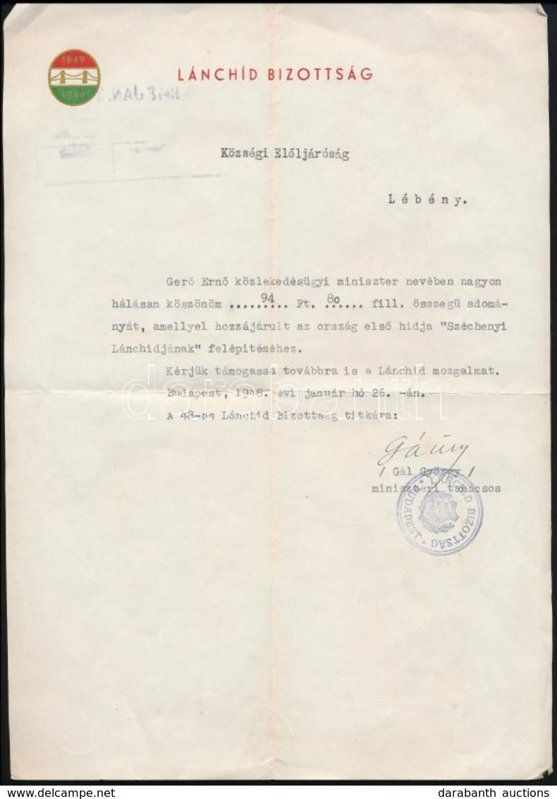 1948 A Lanchíd Bizottság Adományt Megköszönő Levele - Unclassified
