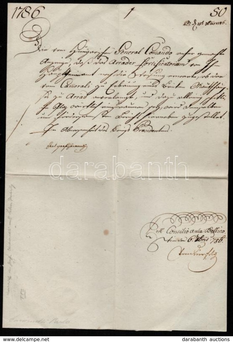1786 Graf Karl Von Caramelli Lovassági Tábornok Saját Kézzel Aláírt Levele Háborús ügyben Az Aradi Erőditmény Parancsoks - Unclassified