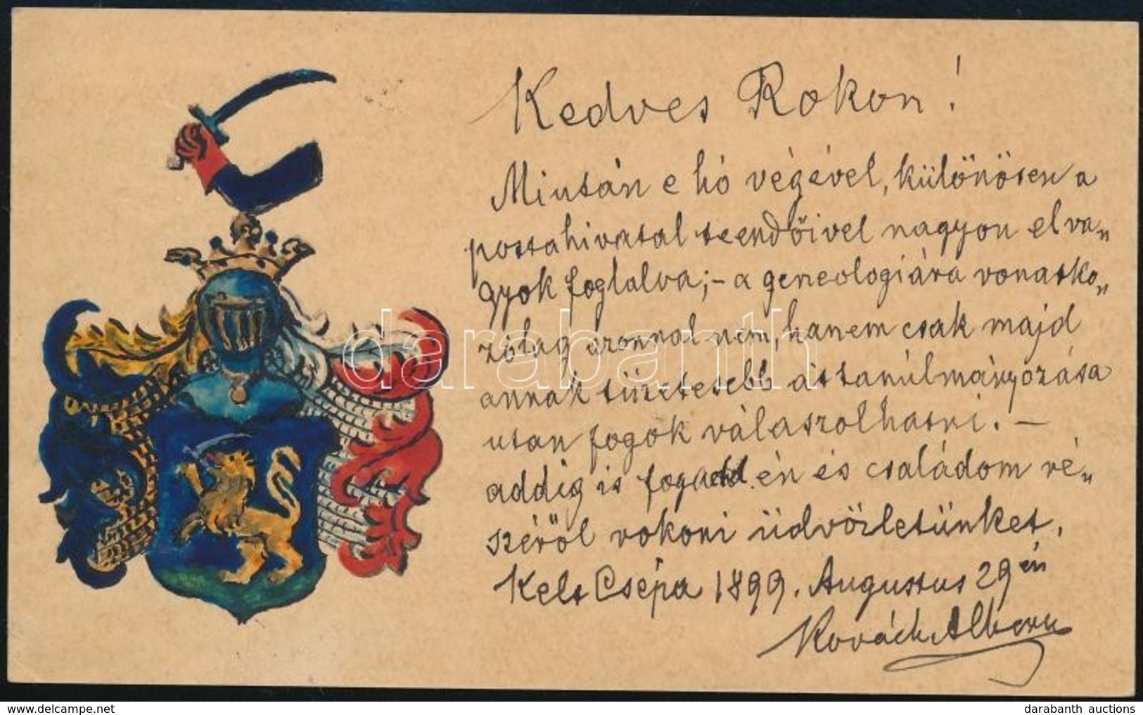 1899 Csépa, Kovách Család Kézzel Festett Címerét ábrázoló Levelezőlap, Kovách Albert Saját Kézzel írt Soraival - Unclassified
