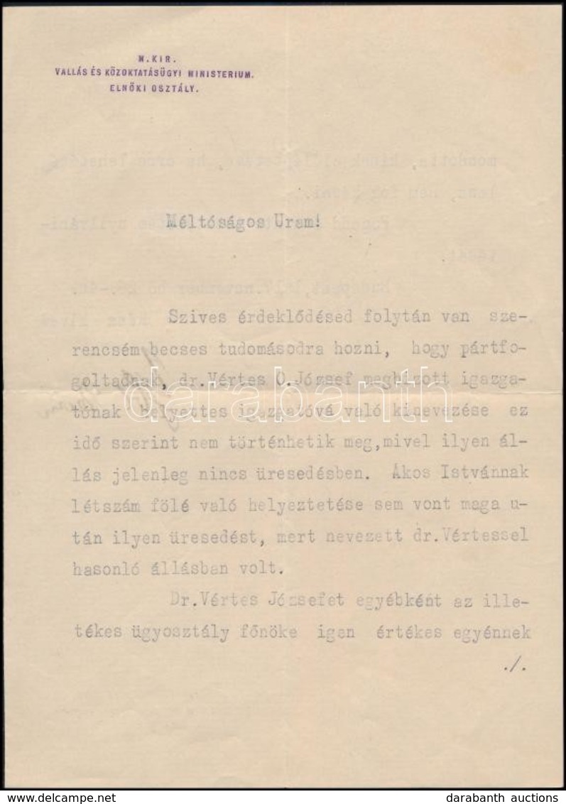 1917 Ybl Ervin Saját Kézzel Aláírt Levele Vértes O. József Előléptetése ügyében - Non Classés