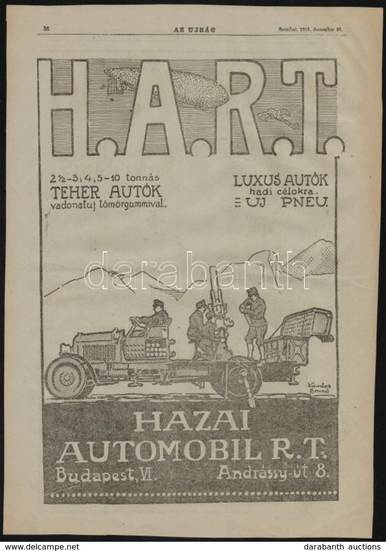 1915 H.A.R.T. Haza Automobil Rt./Szénássy Béla, Nagyméretű újságreklám, 39x27 Cm - Advertising