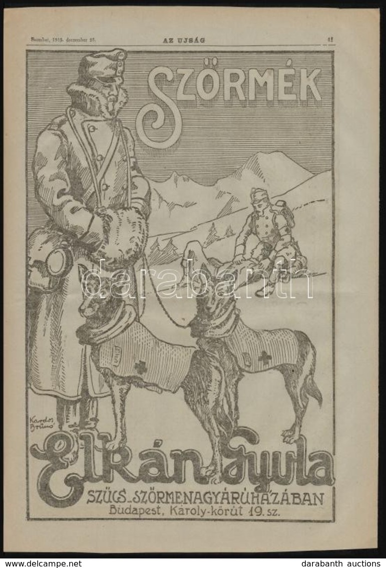 1915 Elkán Gyula Szűcs-, Szőrmeáruháza/Dr. Pajor Sanatorium, Nagyméretű újságreklám, 40x28 Cm - Advertising