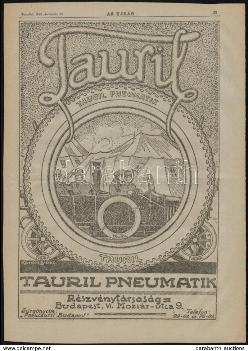 1915 Tauril Pneumatik Rt./Marta Automobil Rt., Nagyméretű újságreklám, 39x28 Cm - Advertising