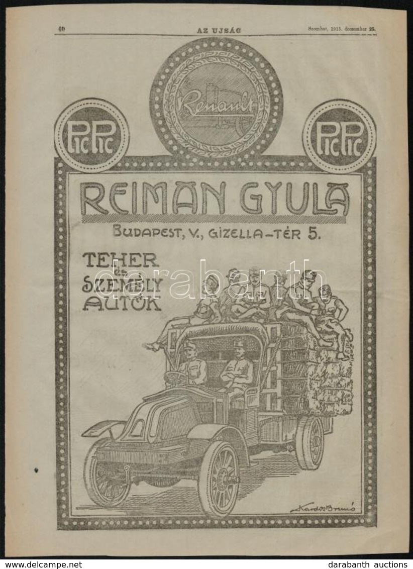 1915 Renault Reiman Gyula Teher és Személy Autók/ Egyesült Ruggyantaárú Gyárak I.N. Reithoffer, Nagyméretű újságreklám,  - Advertising