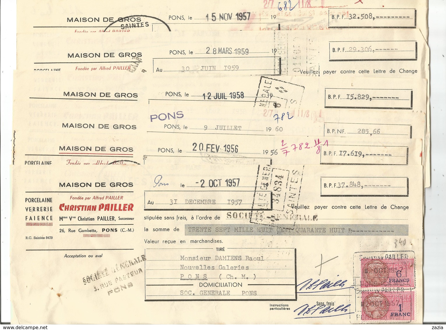 VP.0436/ Pons - Charente-Maritime - Christian Pailler Porcelaine Verrerie - Lot De 6 Lettres - Bills Of Exchange