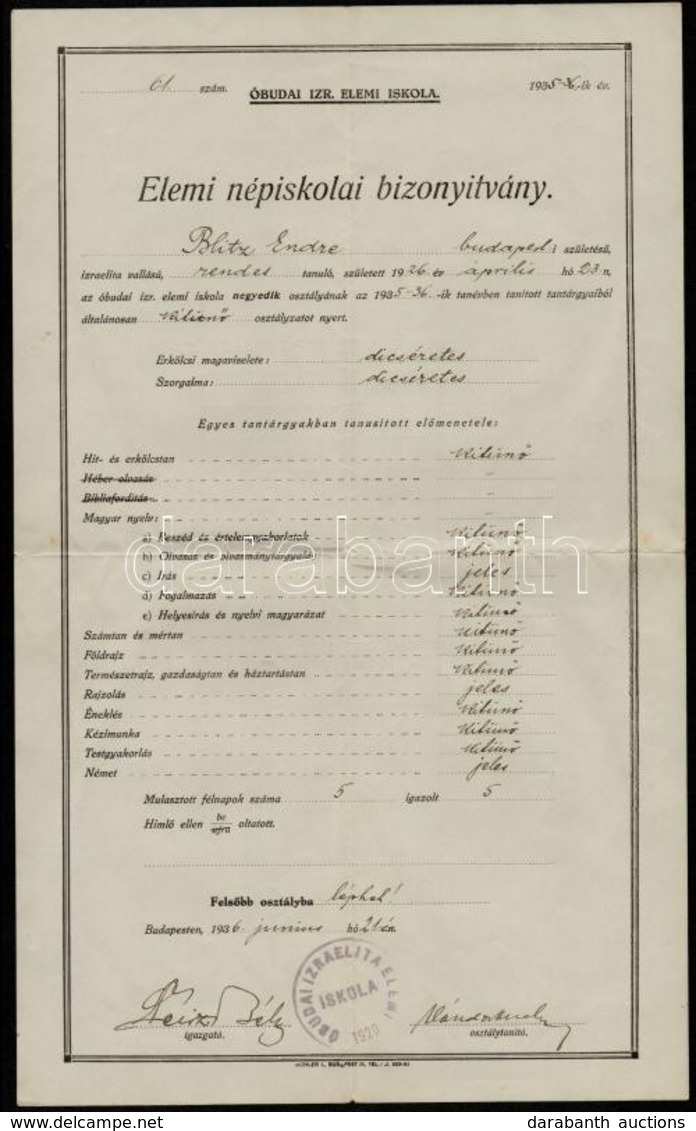 1935 Az Óbudai Izr. Elemi Iskola 2 Db Bizonyítványa - Other & Unclassified