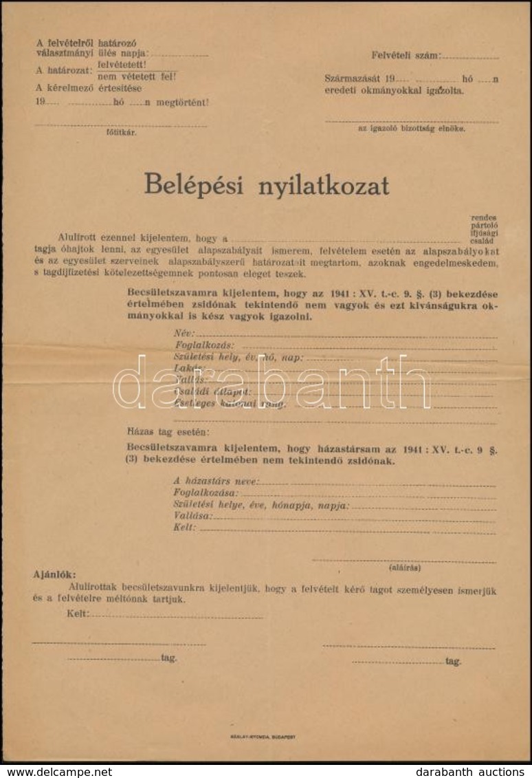 Cca 1943 2 Db Nyilatkozat Nem Zsidó Származásról - Other & Unclassified