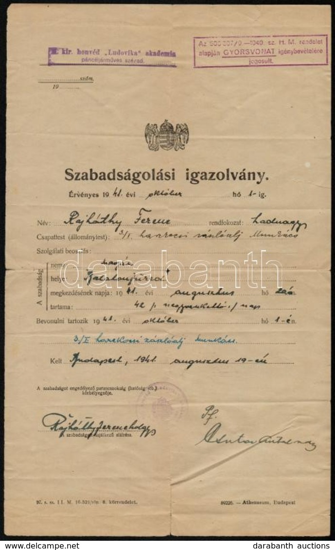 1941 Ludovika Akadémia Páncélos Századának Szabadságolási Igazolványa - Autres & Non Classés