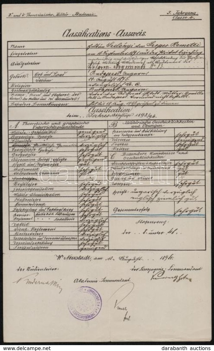 1894 Wiener Neustadt, Katonai Akadémia által Kiállított Bizonyítvány - Andere & Zonder Classificatie
