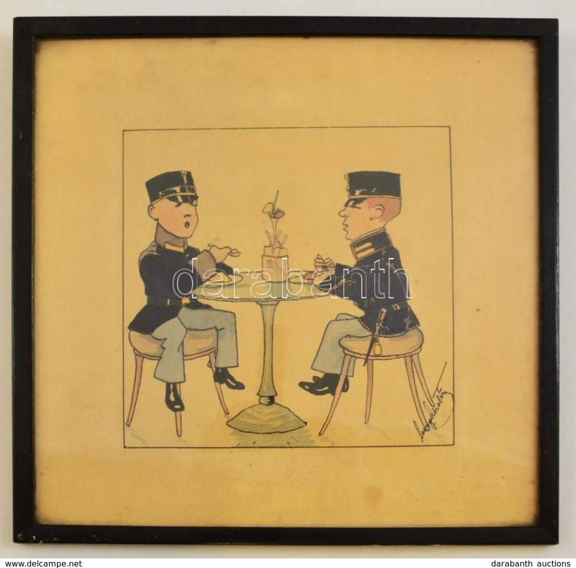 Cca 1910 Olvashatatlan Jelzéssel: Falatozó Katonák (Karikatúra). Akvarell, Papír, üvegezett Keretben, 16,5×16,5 Cm - Other & Unclassified