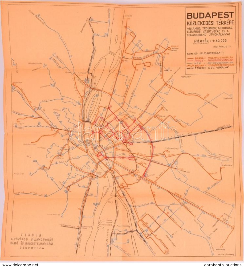 1957 Budapest Közlekedési Térképe, Kiadja: Fővárosi Villamosvasút Sajtó és Balesetelhárítási Csoportja, 40×36 Cm - Other & Unclassified