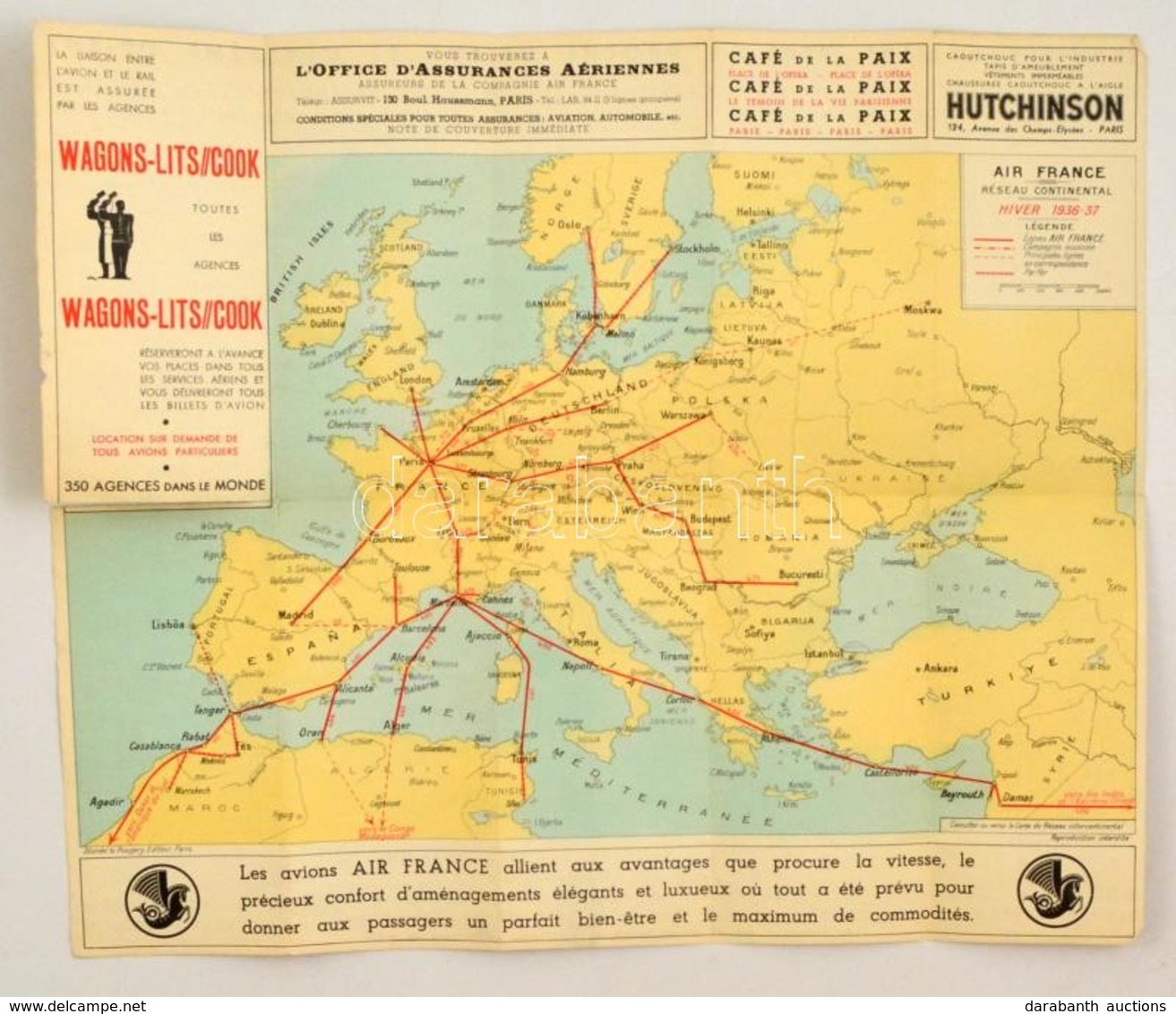 1936 Az Air France Légitársaság Járatainak Térképe- Beszakadásokkal / Flight Map Of Air France With Tears. 42x36 Cm - Otros & Sin Clasificación