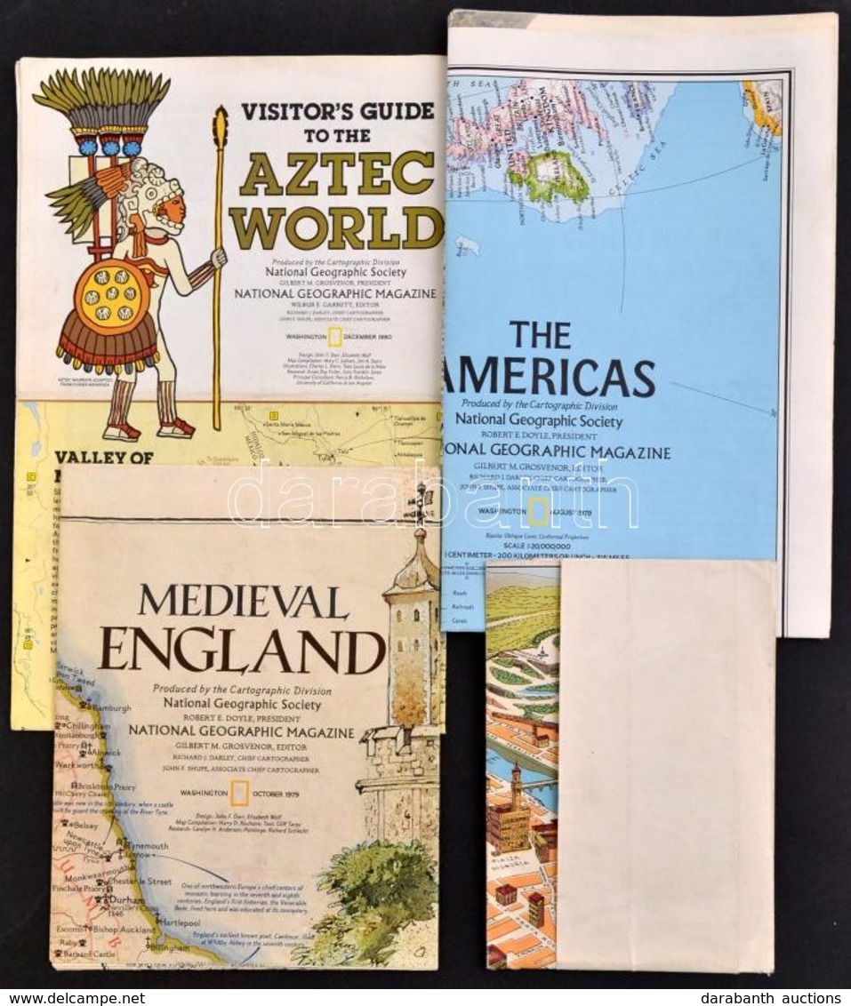 Cca 1979-1980 Vegyes Térkép Tétel, 4 Db: Közte 3 Db National Geographic Térkép (Aztec World, Medieval England, The Ameri - Other & Unclassified