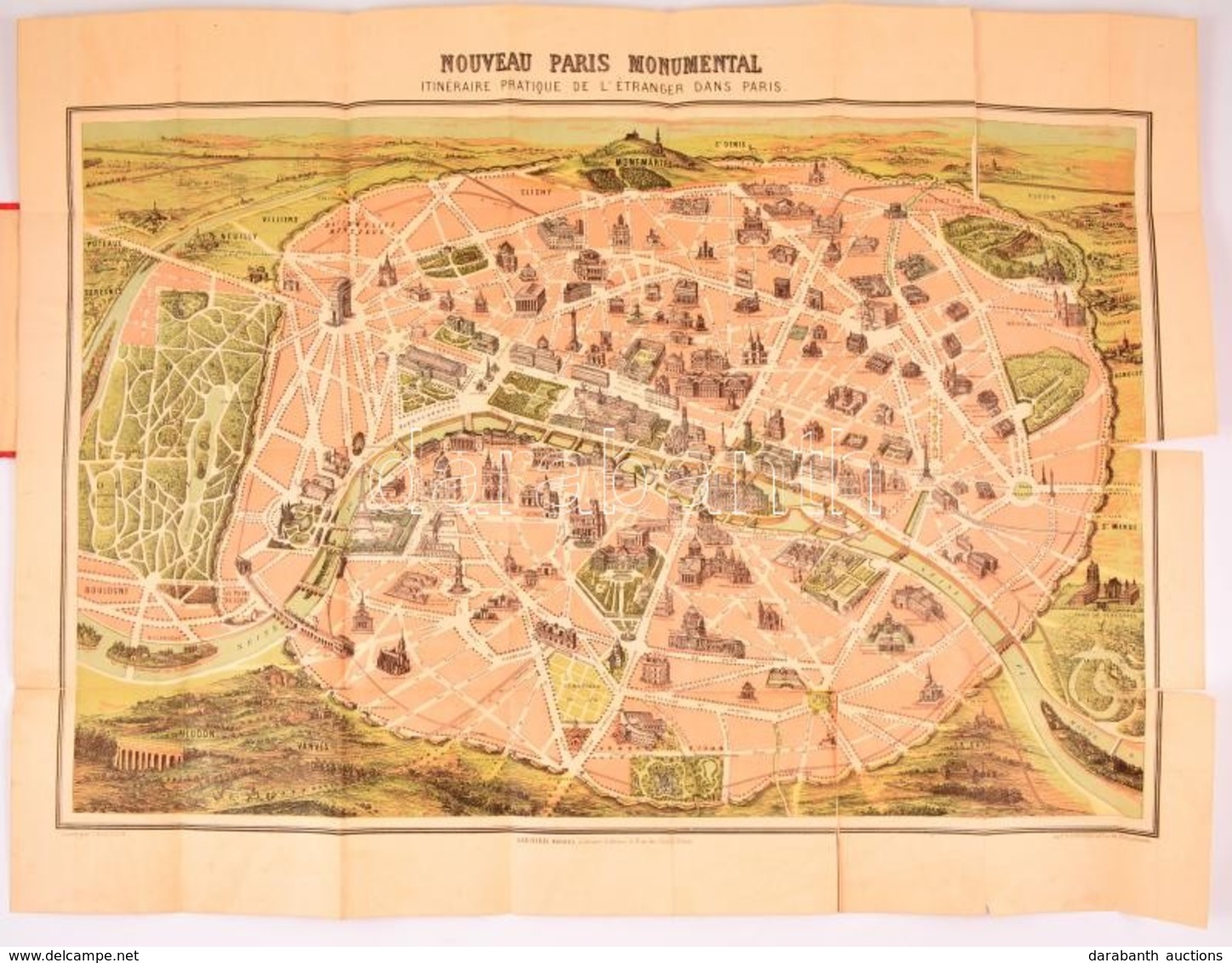 Cca 1900 'Nouveau Paris Monumental' - Párizs Emlékművei Térkép, Szakadt, Vászon Kötésben, 55×70 Cm - Other & Unclassified