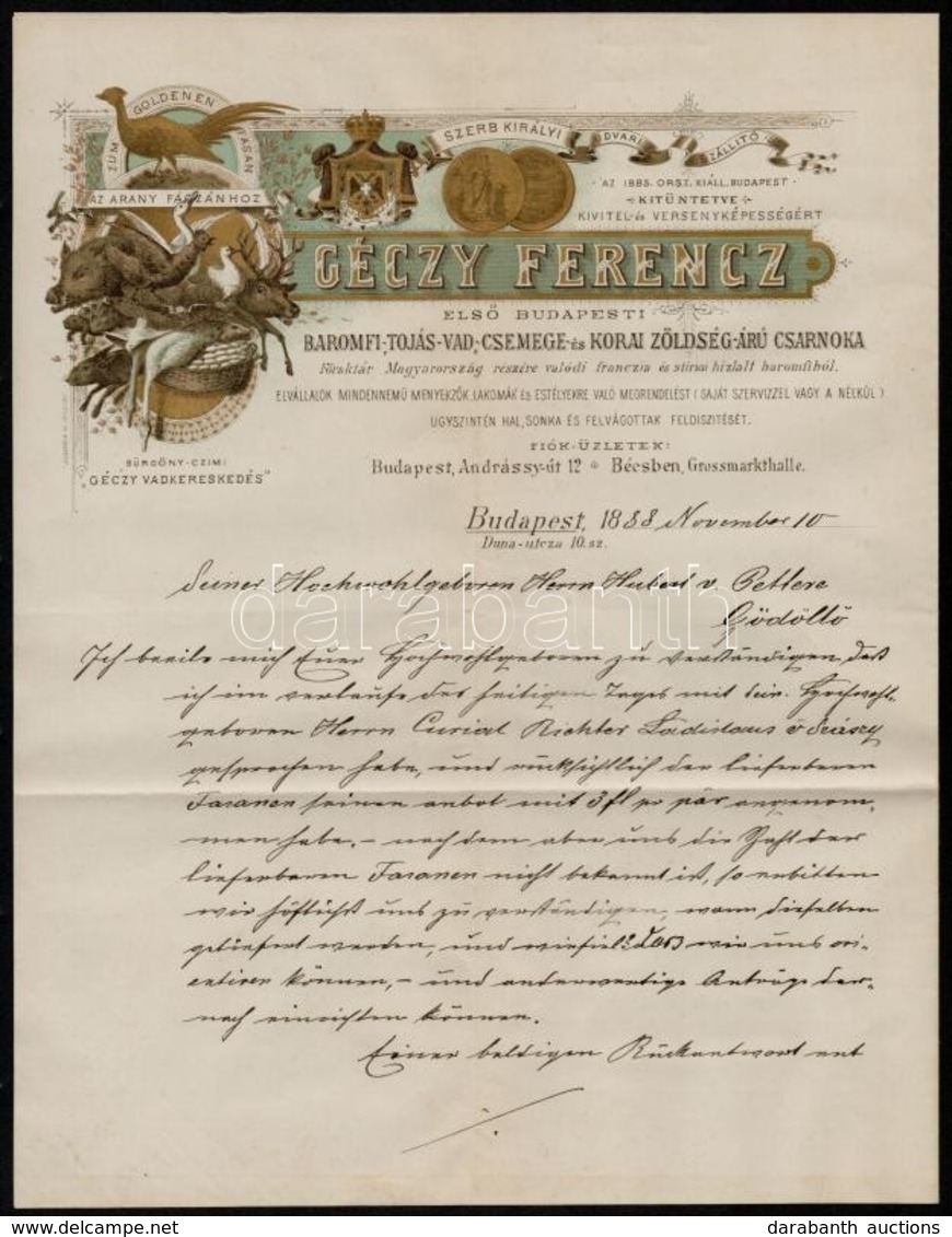 1888 Géczy Ferencz Első Budapesti Baromfi-, Tojás-, Vad-, Csemege- és Korai Zöldség Aru Csarnoka - Unclassified