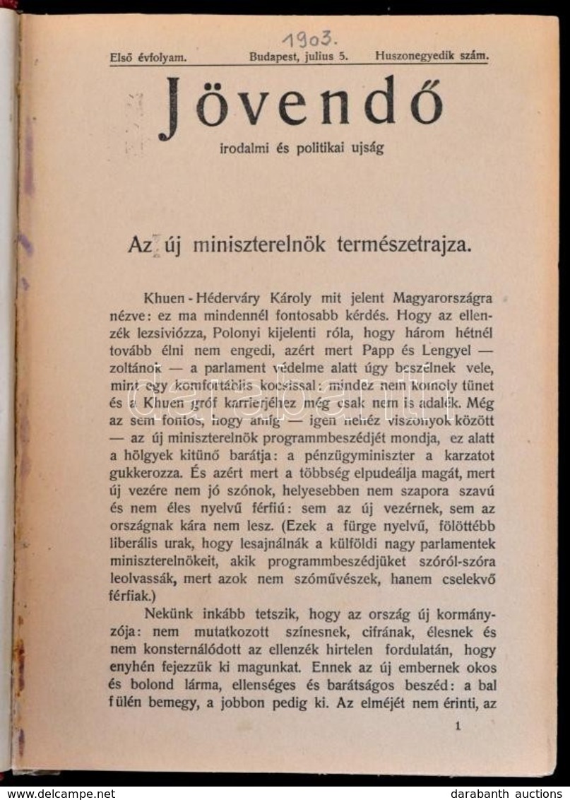 1903 A Jövendő Irodalmi és Politikai újság 1. évf. 21-25. Lapszáma, érdekes írásokkal, Egybekötve - Non Classés