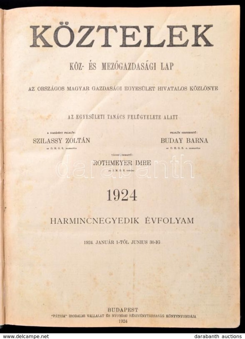 1924 Köztelek. Köz- és Mezőgazdasági Lap. Az Országos Magyar Gazdasági Egyesület Hivatalos Közlönye. Szerk.: Buday Barna - Non Classés