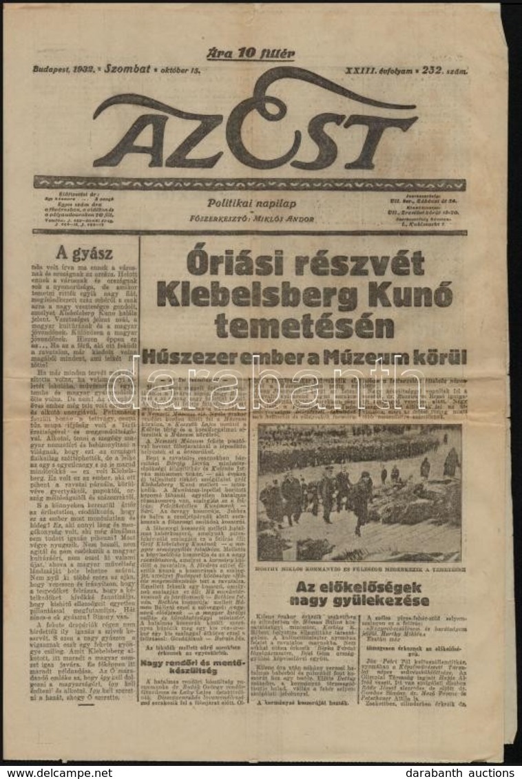 1932 Az Est Politikai Napilap 23. évf. 232. Száma, Címlapon Klebelsberg Kunó Temetésével - Non Classés