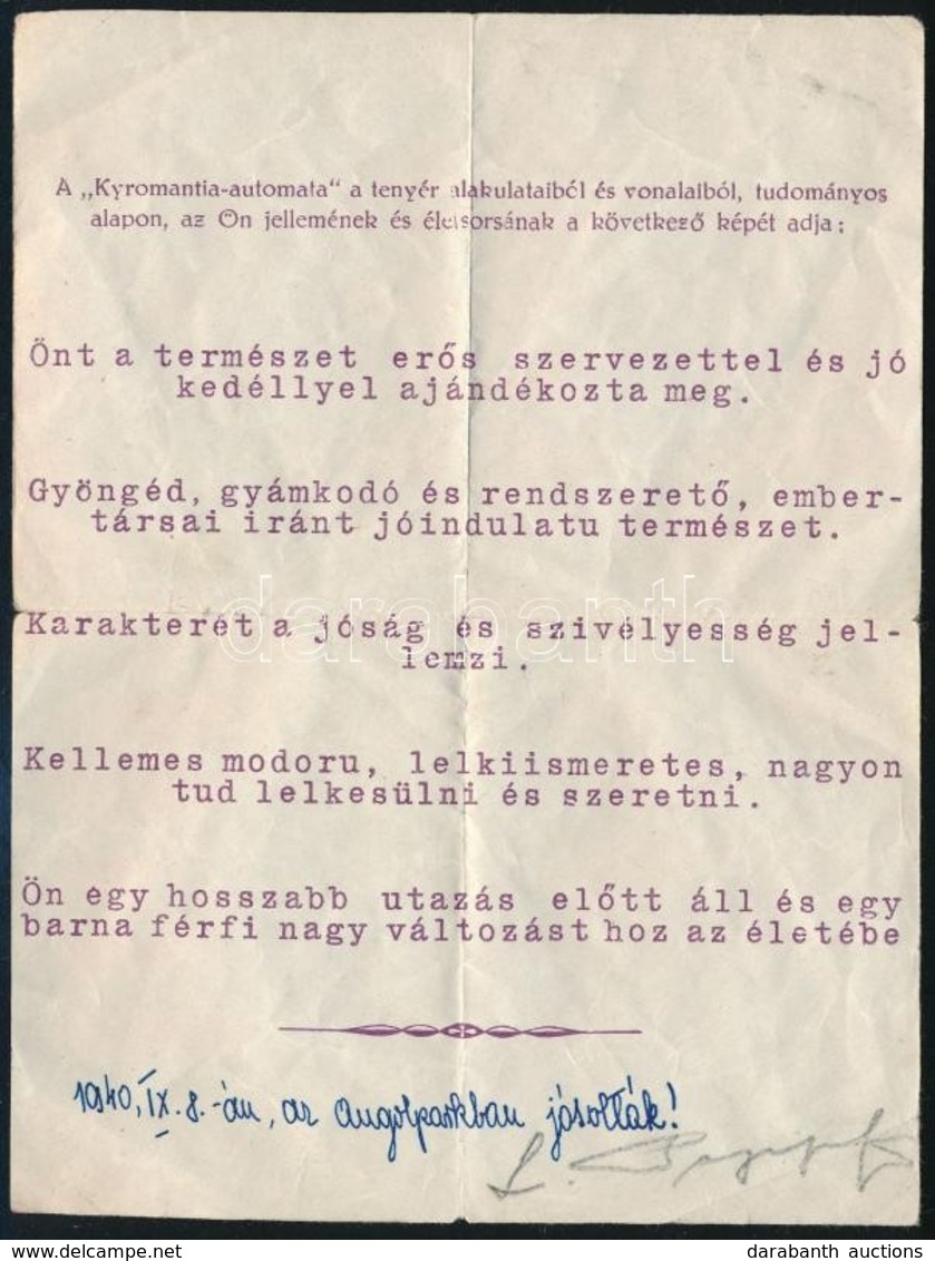 1940 Az Angol Park 'Kyromantia-automata' Gépe Tenyérjóslata Tudományos Alapon - Unclassified