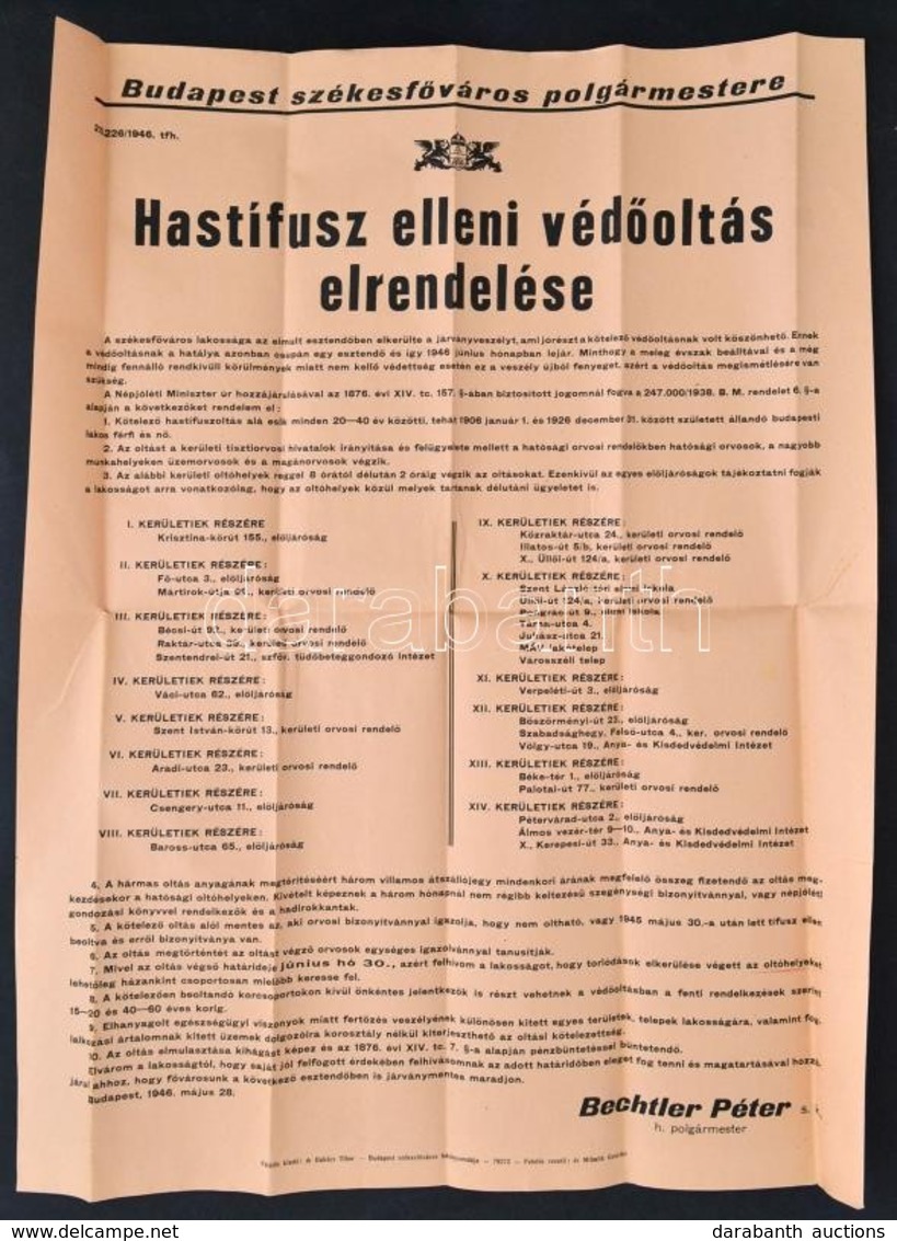 1946 Budapest Székesfőváros Polgármestere által Kiadott Hirdetmény Hastífusz Elleni Védőoltás Elrendeléséről, Hajtott, 6 - Other & Unclassified