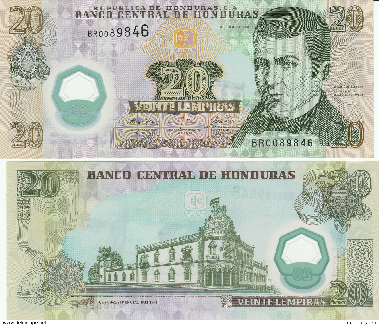 Honduras P95, 20 Lempira, José Diaz Del Valle / Old Palace, UNC 2008 POLYMER! - Honduras