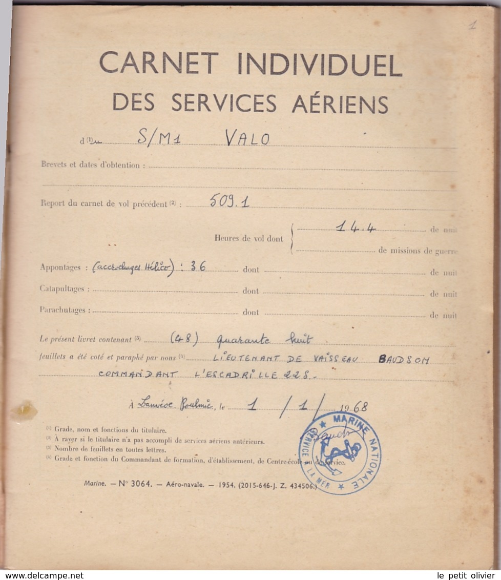 CARNET INDIVIDUEL DES SERVICES AERIENS 1968 BASE DE LANVEOC POULMIC AERONAVALE - Aviation