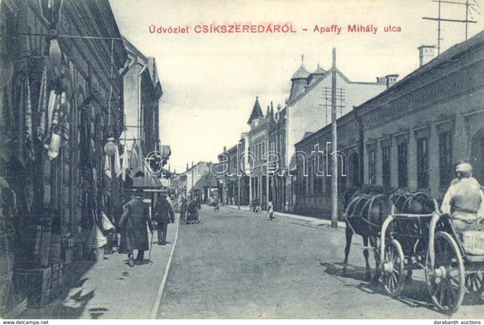 * T2 1911 Csíkszereda, Miercurea Ciuc; Apaffy Mihály Utca, Szekér, üzletek. Kiadja Szvoboda Miklós / Street View, Horse  - Zonder Classificatie