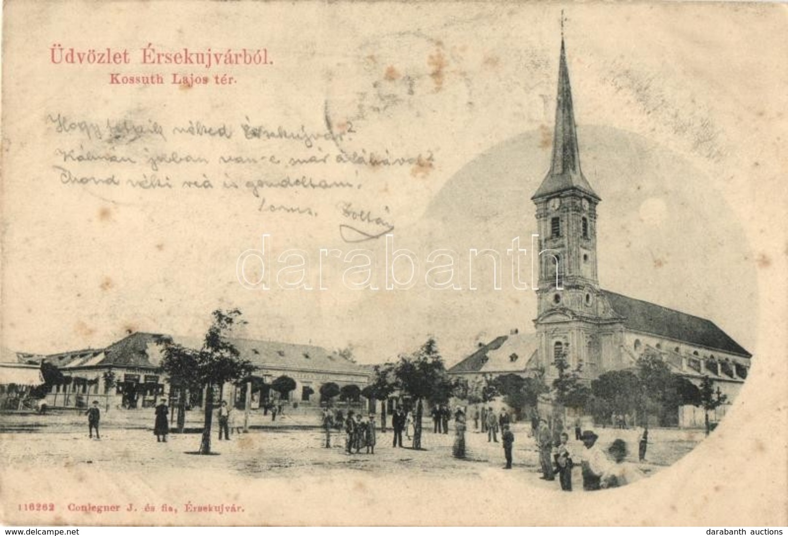 T2/T3 Érsekújvár, Nové Zamky; Kossuth Lajos Tér, Templom, Gyógyszertár / Square, Church, Pharmacy  (fl) - Unclassified